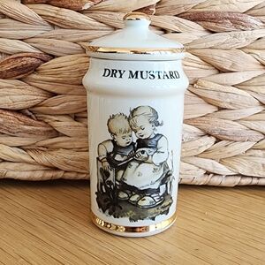 Vintage M.J. Hummel Ceramic Dry Mustard Jar with Gold Accents